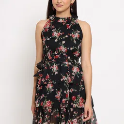 MARC LOUIS Black Floral Halter Neck Ruffled  A-Line Dress-image-18