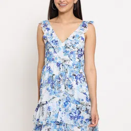 MARC LOUIS Blue Floral Printed Fit & Flared Dress-image-95