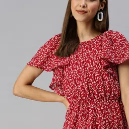 SHOWOFF Red & White Floral Georgette Dress-image-5