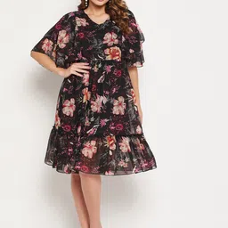 Bitterlime Floral Printed V Neck Fit & Flare Georgette Dress-picture-44