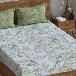 Huesland White & Green Floral 144 TC Cotton Double Queen Bedsheet With 2 Pillow Covers-picture-0