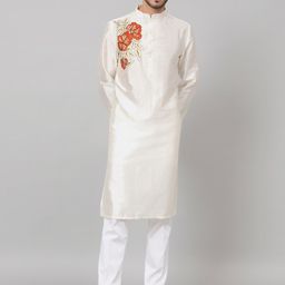HILO DESIGN Floral Embroidered Mandarin Collar Cotton Silk Kurta-40