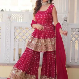 Kedar Fab Ethnic Motifs Embroidered Thread Work Georgette Kurta With Sharara And Dupatta-picture-27