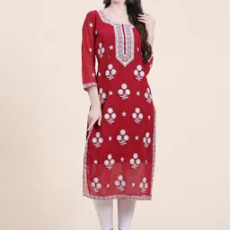VAIRAGEE Floral Yoke Design Chikankari Straight Kurta-image-7