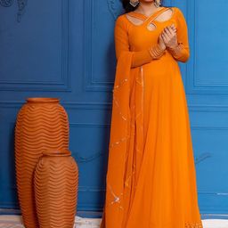 NUD V-Neck Cut-Out Gotta Patti Detailed Gown Dress With Dupatta-image-22