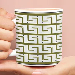 Larah by BOROSIL White & Olive Green Geometric Printed Opalware Matte Mug - 350 ML image 3
