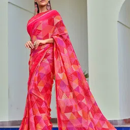 Mitera Red & Pink Geometric Printed Sequinned Pure Georgette Designer Saree image 1