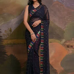 Anouk Navy Blue Woven Design Embellished Sequinned Pure Georgette Saree-19