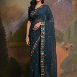 Anouk Teal & Pink Woven Design Embellished Sequinned Pure Georgette Saree-11