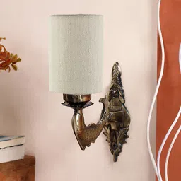 Devansh Off White & Gold Toned Antique Wall Lamp With Jute Conical Shade-44