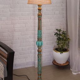 Homesake Brown & Blue Royal Carving Antique Algae Finish Wooden Floor Lamp With Shade-19