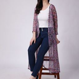 SCORPIUS Floral Printed Sheer Longline Open Front Shrug-72