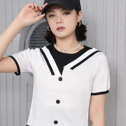 StyleCast Girls White & Black Colourblocked Round Neck Short Sleeves Crop Top-image-19