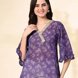 Myshka Floral Print Flared Sleeve Georgette Top-image-2