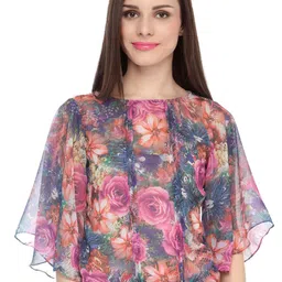 Cation Floral Printed Boat Neck Flared Sleeve Top-image-90
