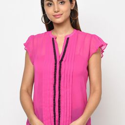Purple State Mandarin Collar Flutter Sleeve Georgette Top-picture-11