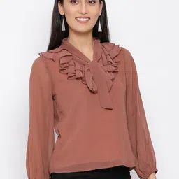 BAESD Tie-Up Neck Cuffed Sleeves Ruffles Detail Georgette Top-image-53