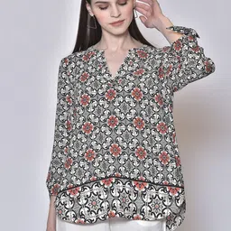 250 DESIGNS White & Black Print Mandarin Collar Georgette Top-picture-26