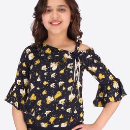 CUTECUMBER Girls Navy Blue Floral Print Georgette Top-image-39