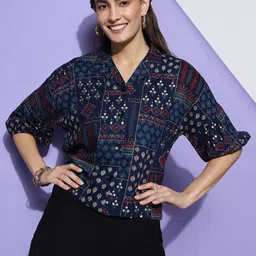 DressBerry Navy Blue Ethnic Motifs Printed Shirt Style Top-image-97