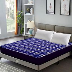 DREAM CARE Blue & White Checked Queen Size Bed Mattress Protector-image-31