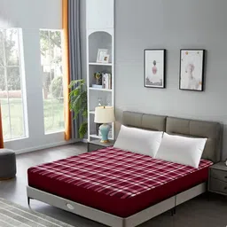 DREAM CARE Maroon & White Checked Queen Size Bed Mattress Protector-10