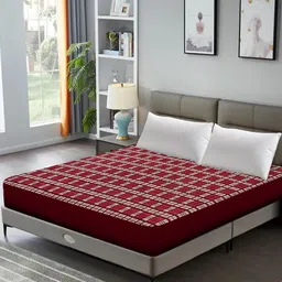 DREAM CARE Maroon & White Checked Stretchable Queen Mattress Protector-16