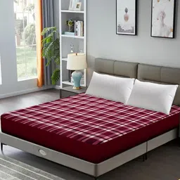 DREAM CARE Maroon & White Checked Queen Size Bed Mattress Protector-12