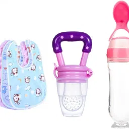Baby Apron with Bib Pack of 3 & Baby Spoon Feeder & Fruit NIbbler - Silicon-18