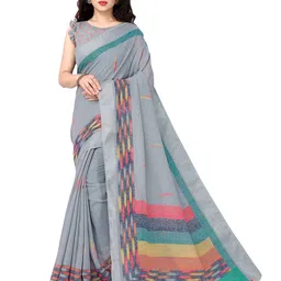 KALINI Grey & Green Zari Linen Blend Block Print Saree-picture-35