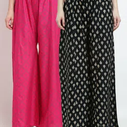 GRACIT Women Pink & Black 2 Ethnic Motifs Printed Flared Knitted Ethnic Palazzos-picture-36