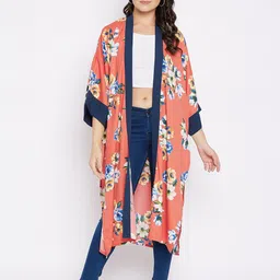 Ruhaans Women Pink & Navy Blue Printed Longline Shrug-17