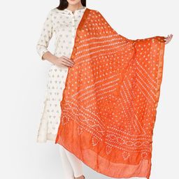 Dupatta Bazaar Orange & White Printed Bandhini Silk Blend Dupatta-46