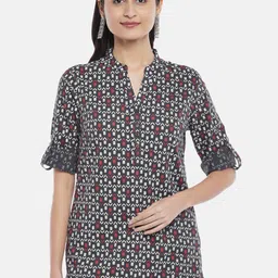 AKKRITI BY PANTALOONS Charcoal & Red Viscose Rayon Mandarin Collar Printed Tunic-image-90