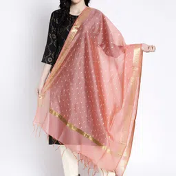 Clora Creation Peach-Coloured & Gold-Toned Woven Design Cotton Silk Dupatta-19