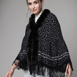 Mafadeny Women Printed Longline Poncho with Fringed Detail-34