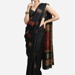 KALINI Black & Green Ethnic Motifs Fusion Saree-image-36