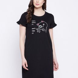 Clovia Women Black Printed T Shirt Nightdress-picture-20