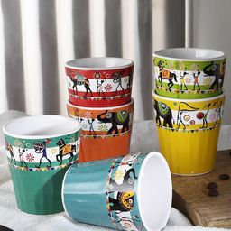 The Decor Mart Multicoloured Set of 6 Elephant Motif Hand Painted Ceramic Glossy Kulladhs-32