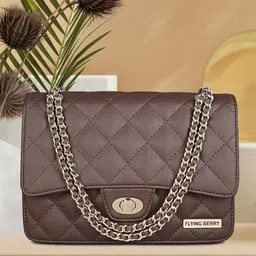 FLYING BERRY Brown Textured PU Structured Sling Bag with Quilted-15