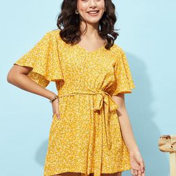 Berrylush Floral Printed V-Neck Flared Sleeves Waist Tie-Up Playsuit-45