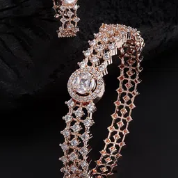 ZENEME WomenBrass American Diamond Rose Gold-Plated Kada Bracelet With Ring-37