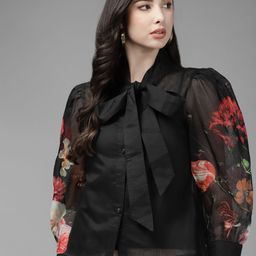 Bhama Couture Black Floral Mandarin Collar Shirt Style Top-picture-18