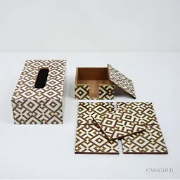 CasaGold Brown & White 6 Pcs Geometric Printed Wooden Square Coasters With Tissue Box-picture-10