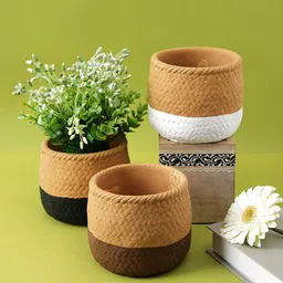 TAYHAA Brown & White 3 Pieces Jute Textured Ceramic Planter-52