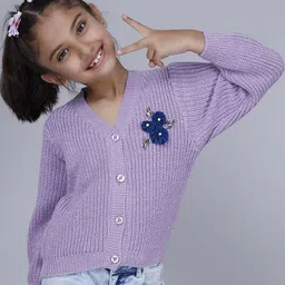 JoE Hazel Girls Cable Knit Self Design Embellished Detail Acrylic Cardigan-image-76