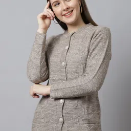 VANYA Women Beige & Black Cable Knit Cardigan-image-70