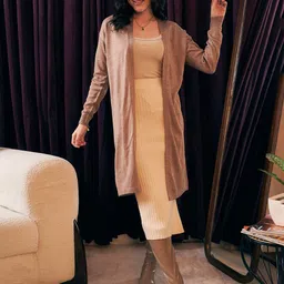Berrylush Brown Collarless Acrylic Longline Front Open Cardigan Sweater-15