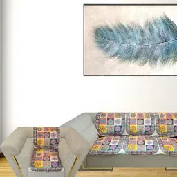 MONKDECOR Blue & Yellow Printed Velvet Sofa Cover-image-99