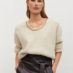 MANGO Women Off-White Jewell Neck Self Design Pullover Sweater-image-78